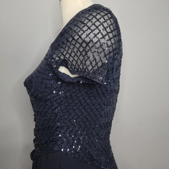 Adrianna Papell | Navy Blue Floor Length Sequin Crepe Dress Mother of Br… - Picture 3 of 13